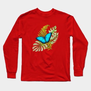 Blue Butterfly on Tropical Leaves Long Sleeve T-Shirt